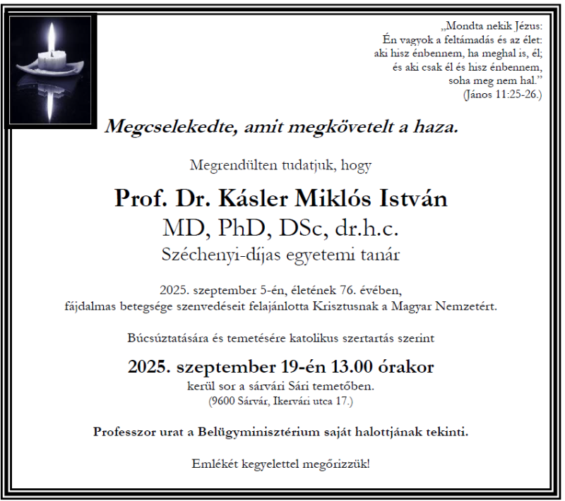 Prof. Dr. Kásler Miklós István gyászjelentése